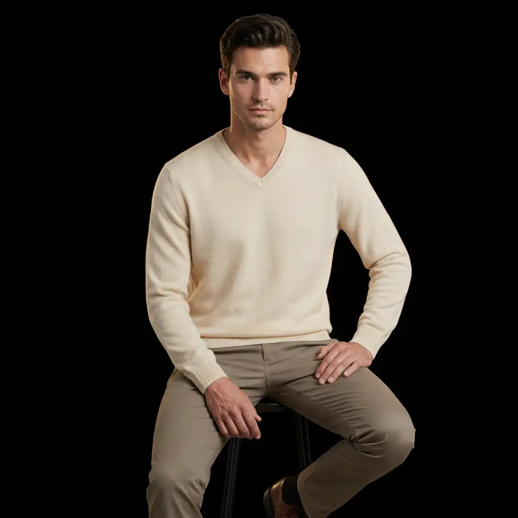 Seated editorial with more natural model skin