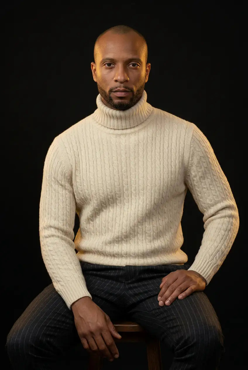 Seated off-white turtleneck editorial using your selected model reference