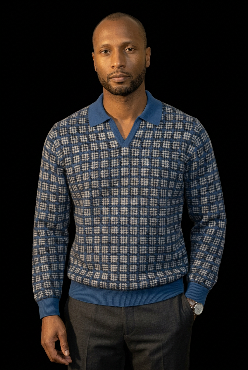 Standing editorial of the model wearing the jacquard polo