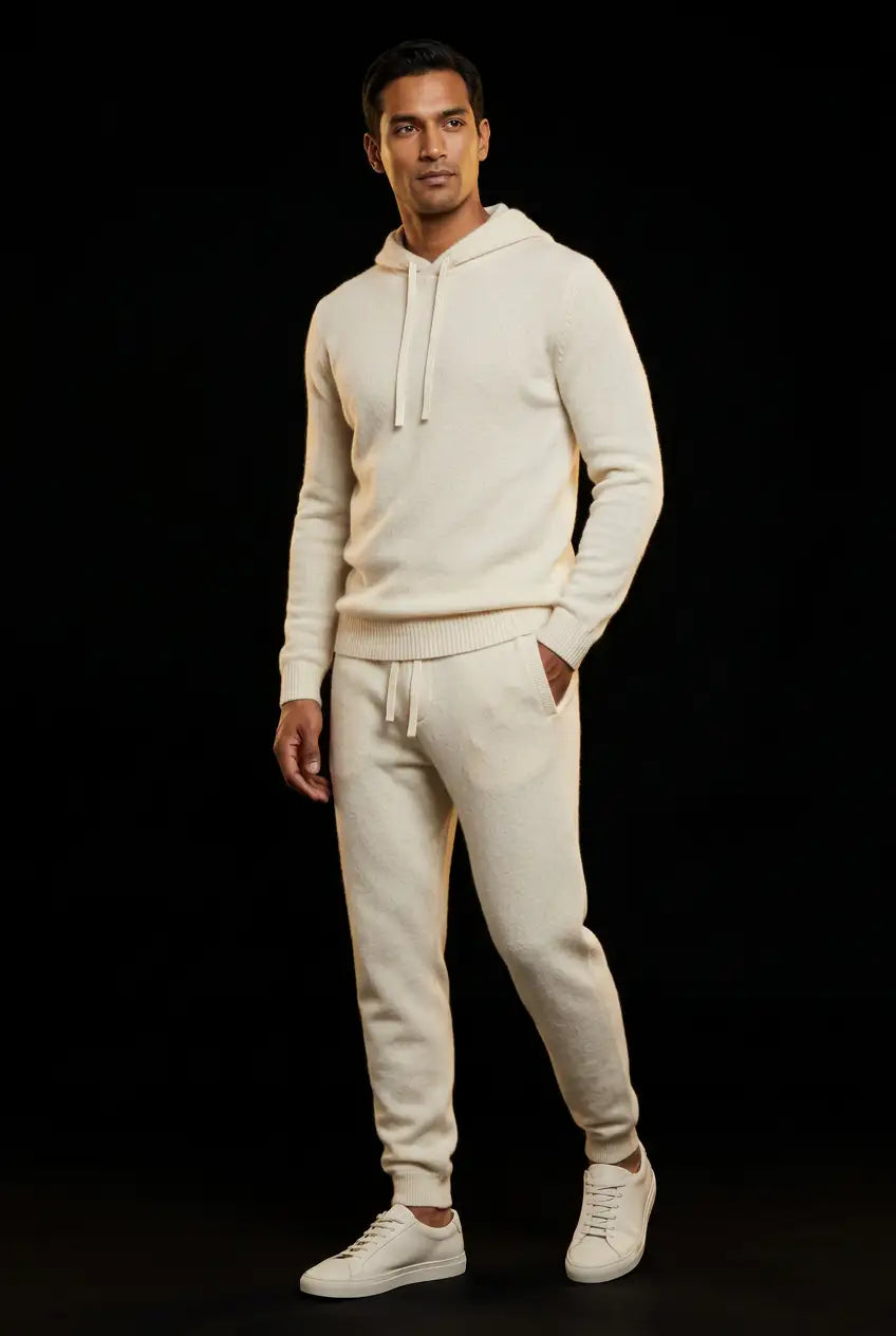 Standing editorial pose in ivory cashmere hoodie and joggers