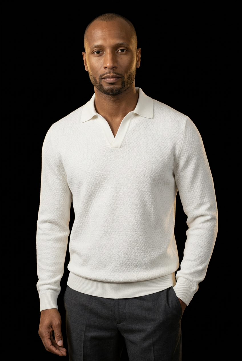 Standing editorial wearing the off-white polo pullover