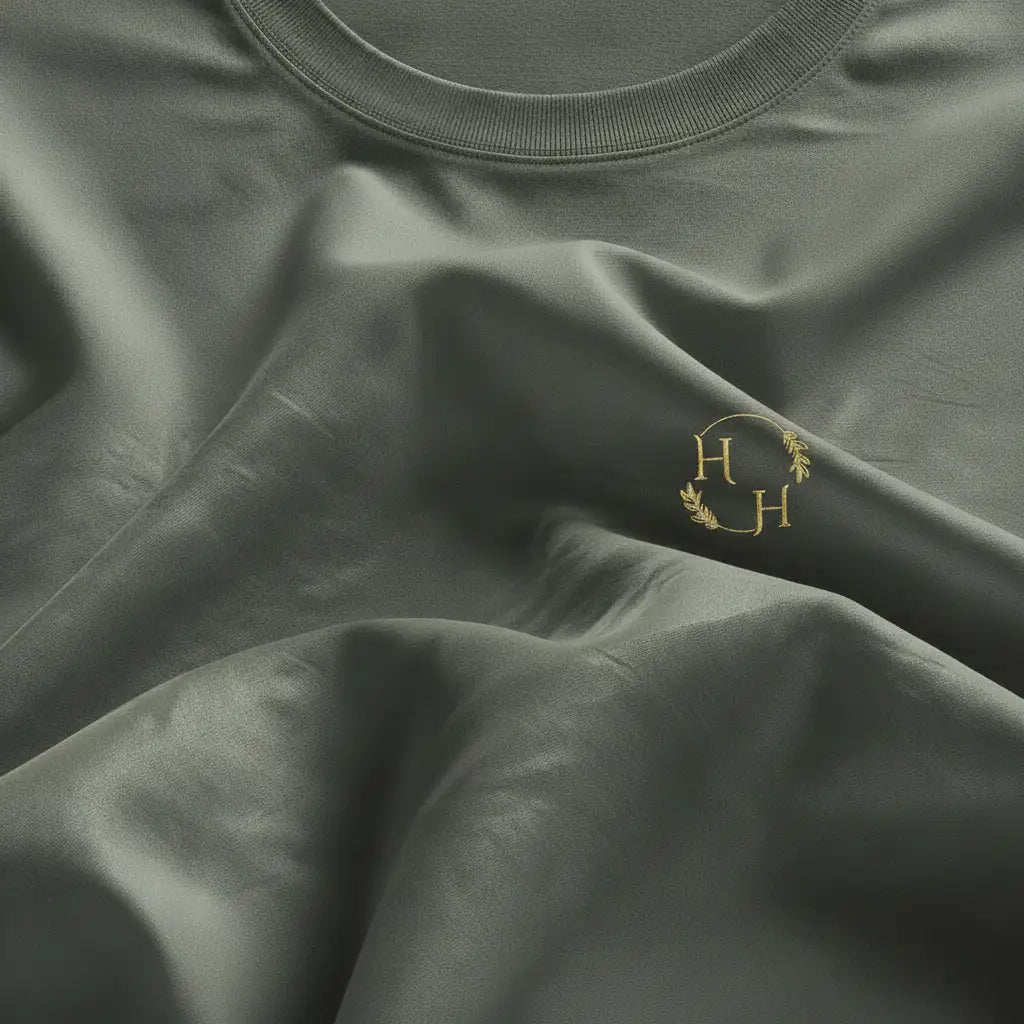 Supima Tee — Meadow Chest Close-Up with Slate Sheen