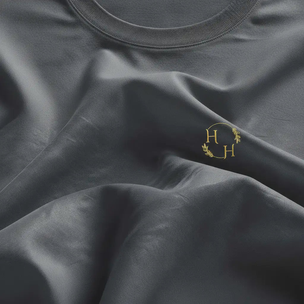 Supima Tee — Slate Chest Close-Up with Sheen Folds
