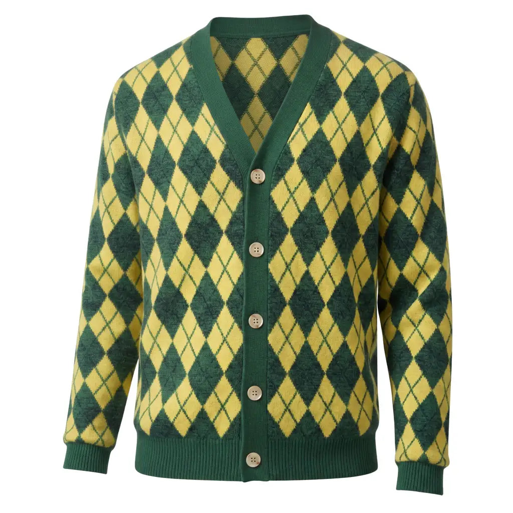 Three-quarter cardigan view with ivory pearlescent four-hole buttons