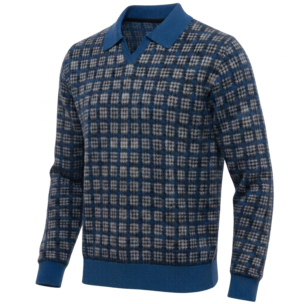 Three-quarter polo view refined for 12GG cotton construction and substantial drape