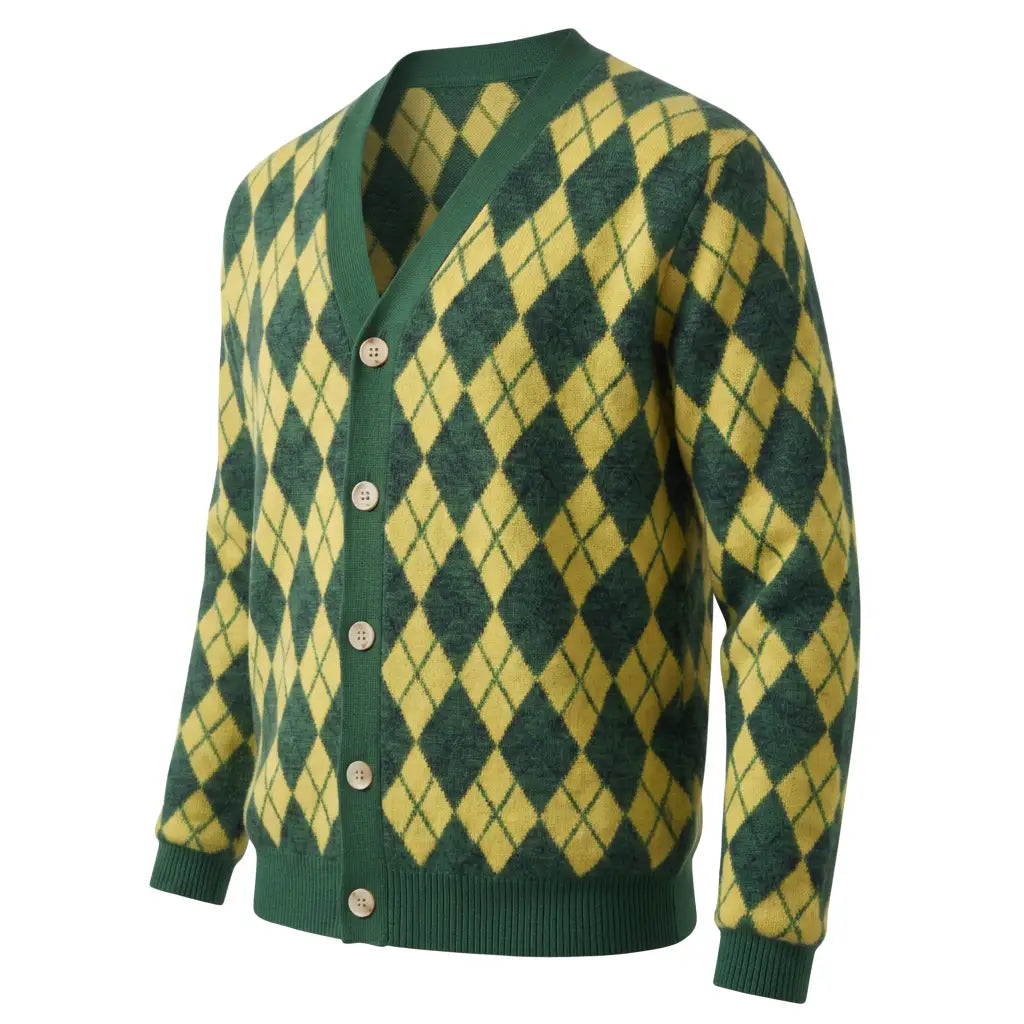 Three-quarter side view of the argyle cardigan with ivory buttons