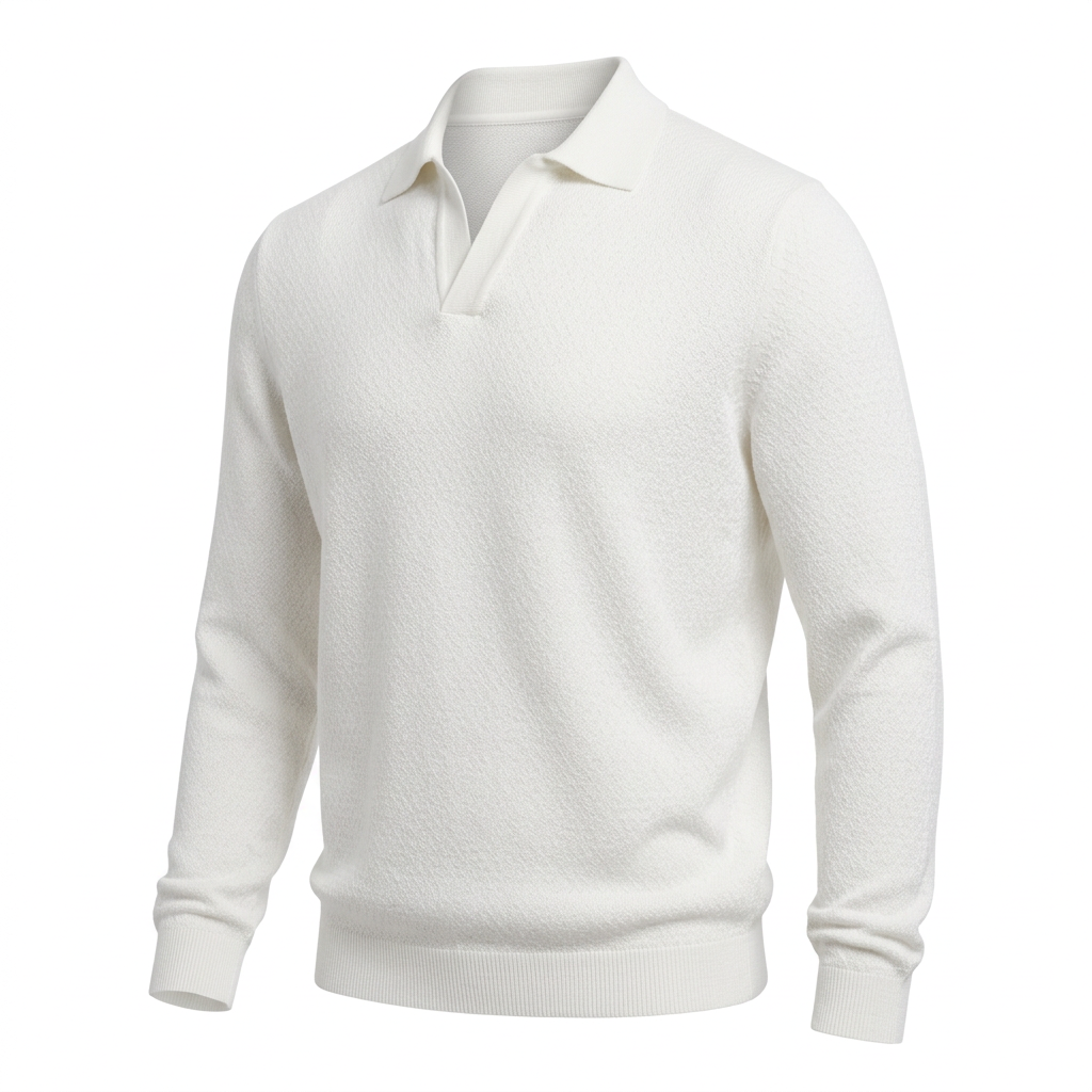 Three-quarter side view of the off-white Jacquard Cotton V-Neck Polo Pullover