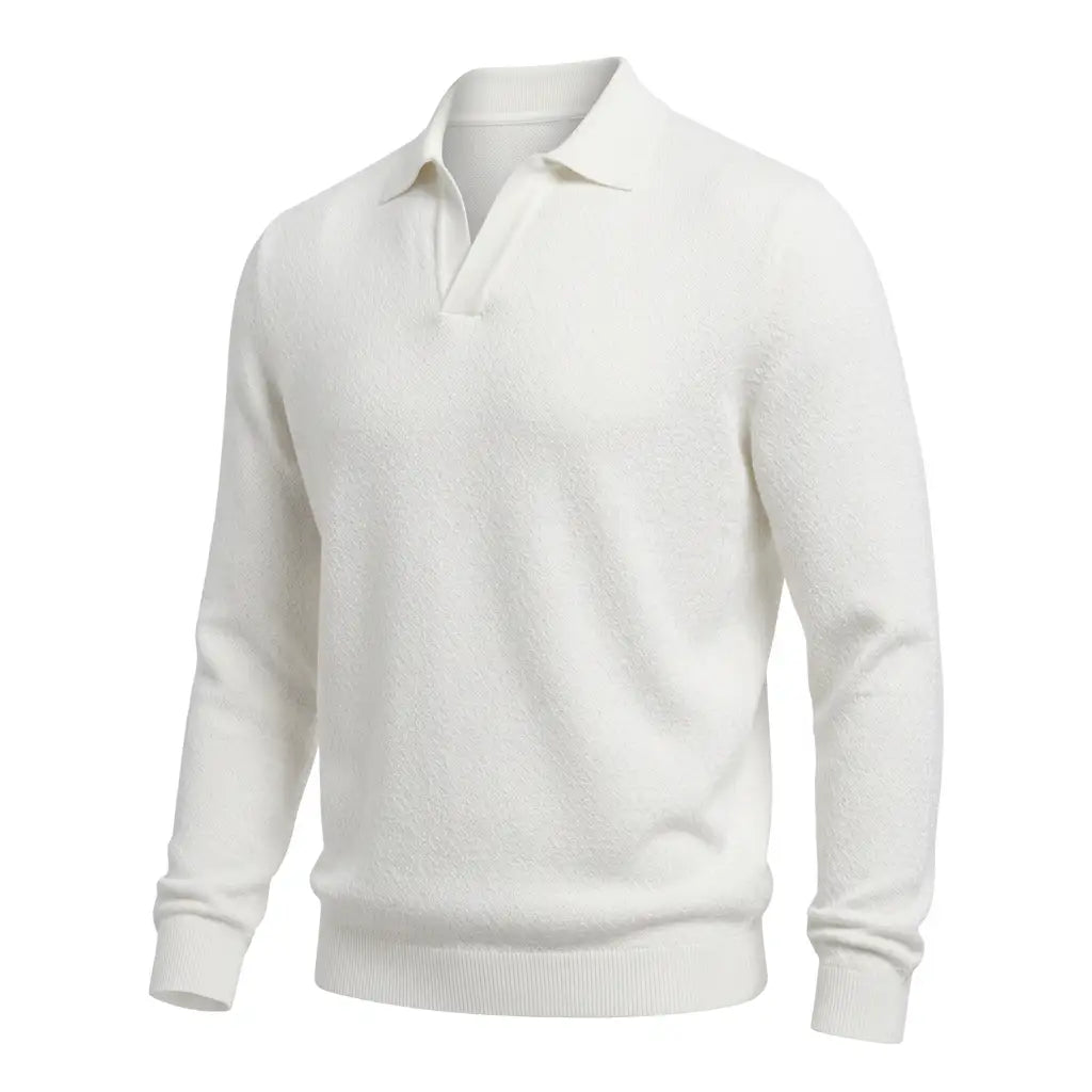 Three-quarter side view of the off-white Jacquard Cotton V-Neck Polo Pullover