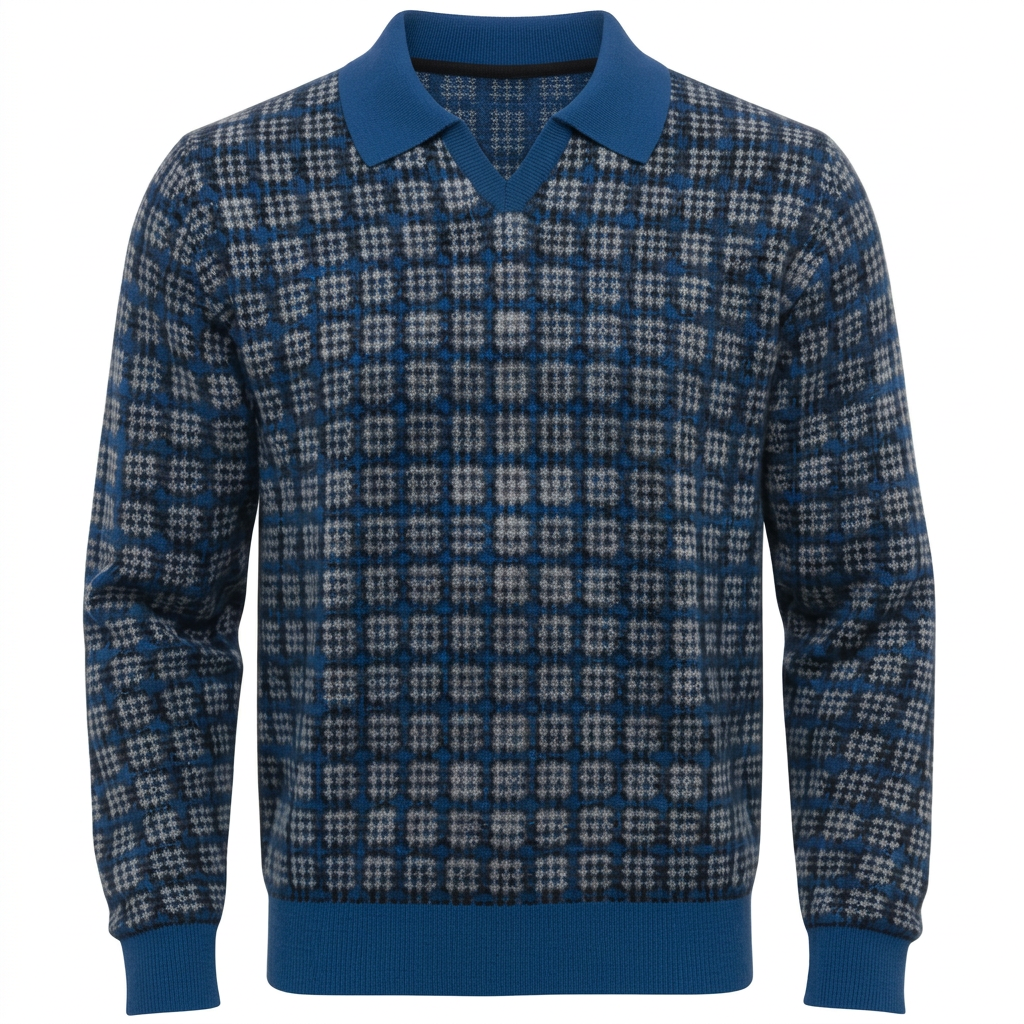 Updated front hero for the Blue & Black Houndstooth long sleeve polo