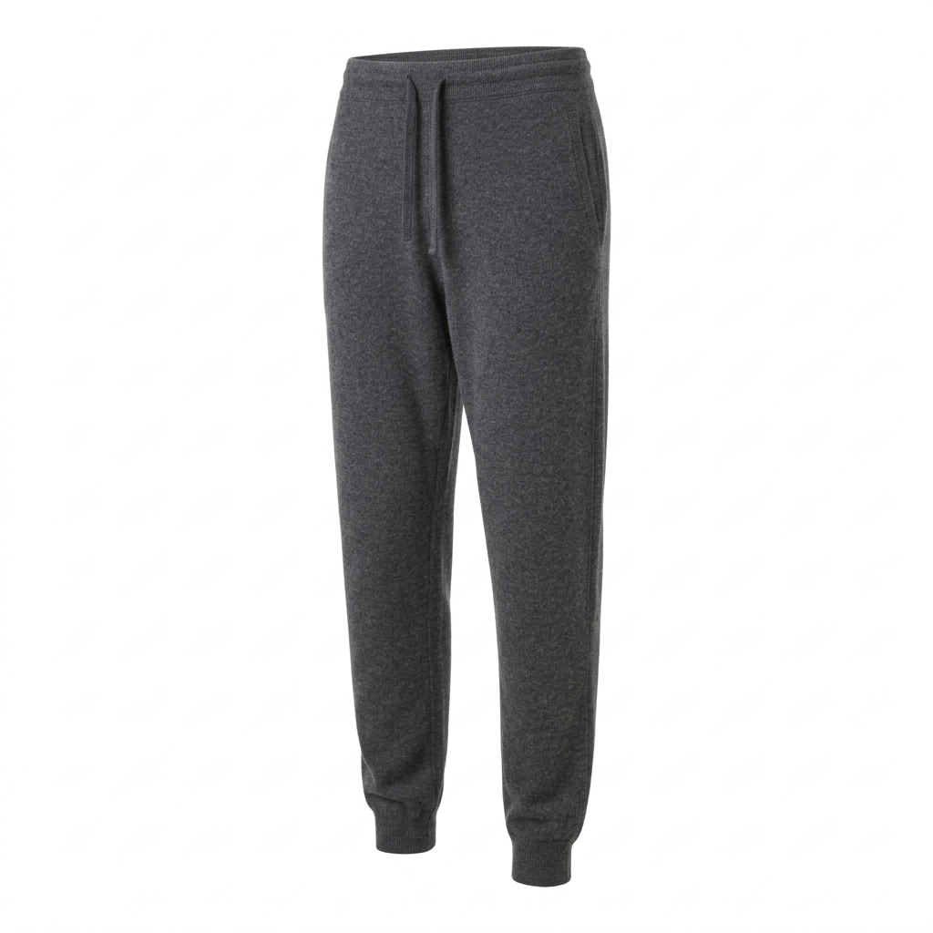 Worsted Gray cashmere joggers in a three-quarter side view