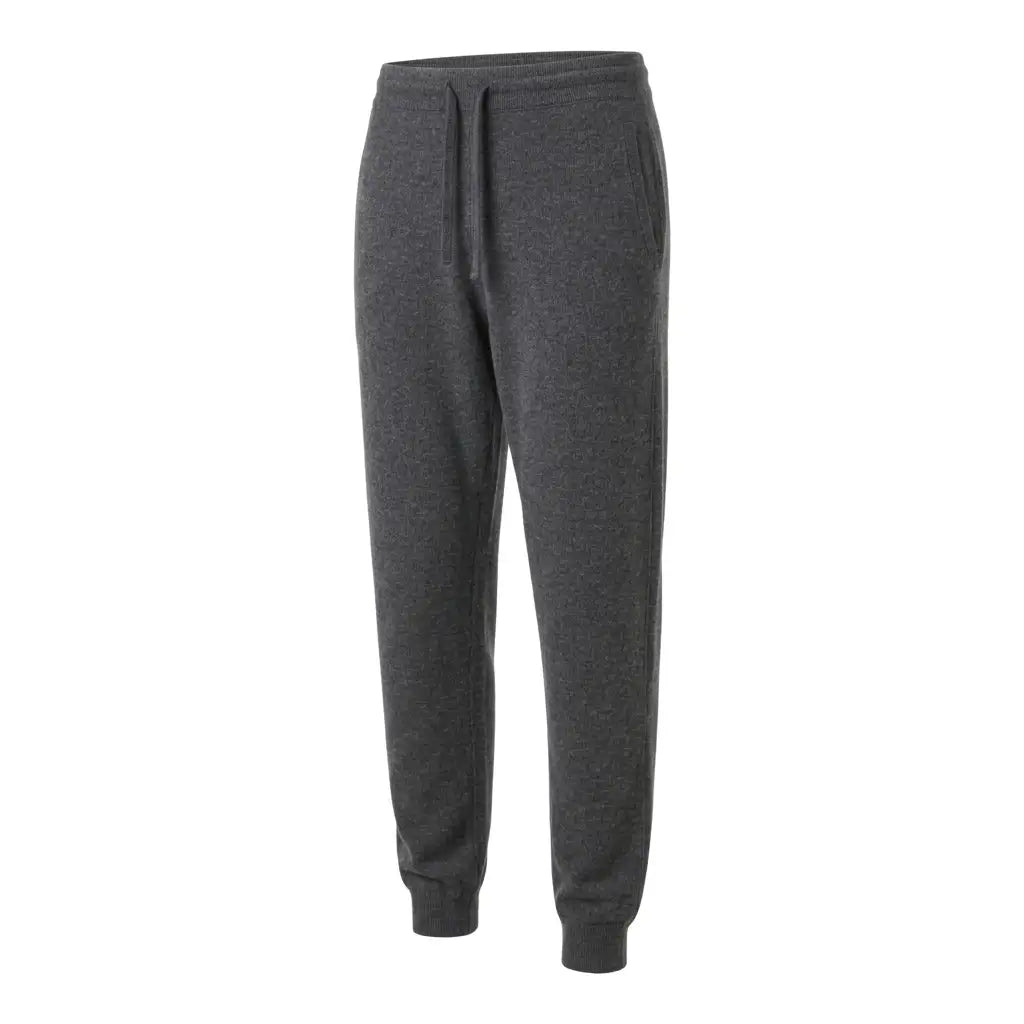 Worsted Gray cashmere joggers in a three-quarter side view