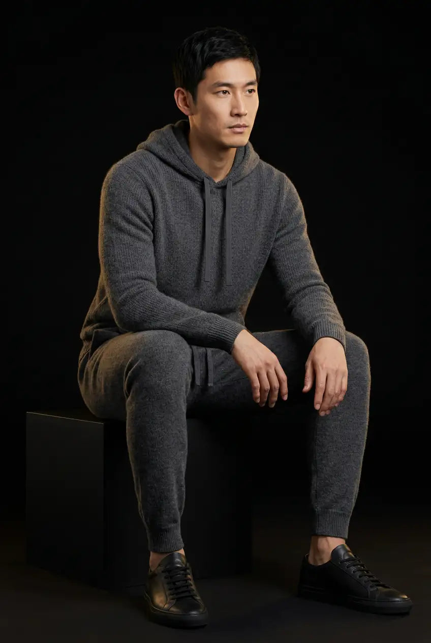 Worsted Gray cashmere outfit, seated editorial pose