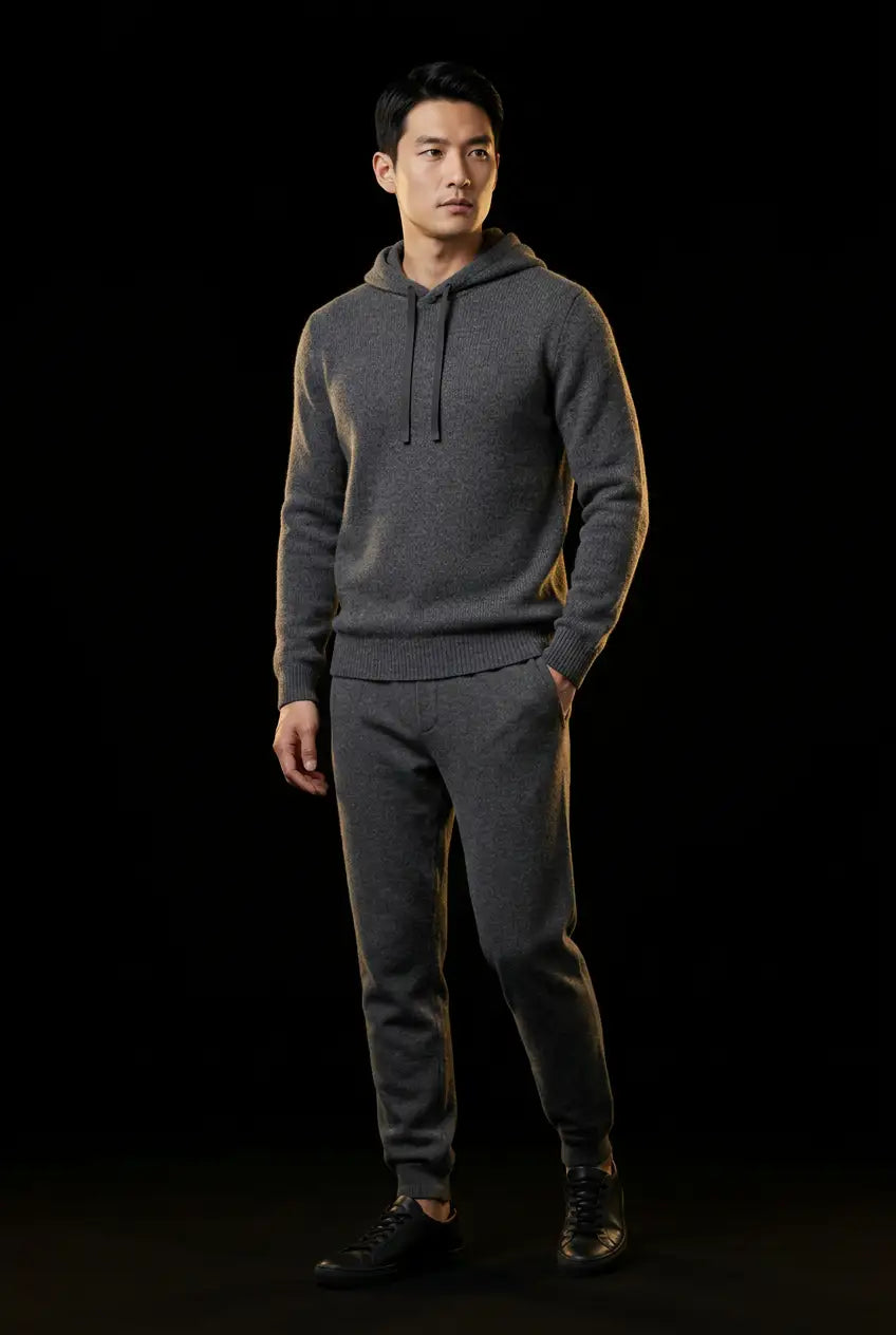 Worsted Gray cashmere outfit, standing editorial pose